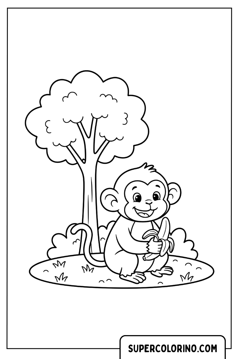 Coloriage d'un petit singe assis sous l'arbre