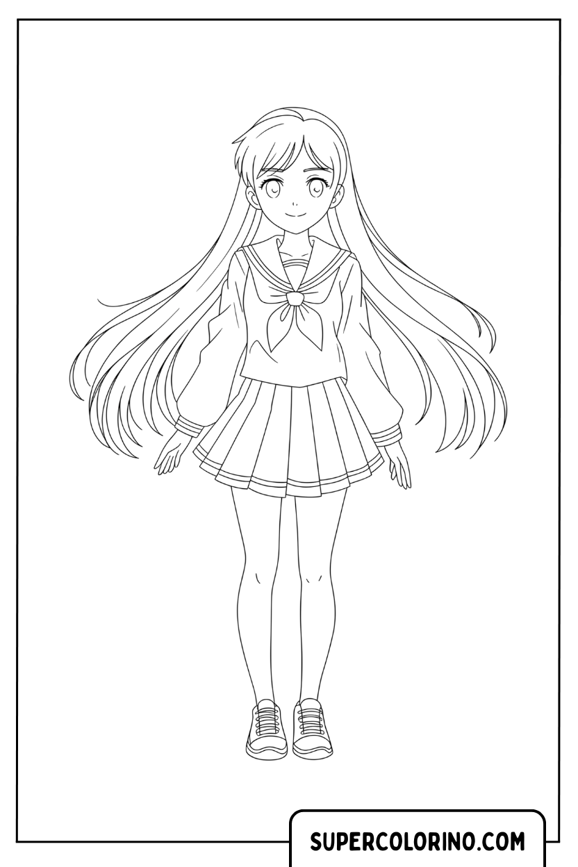 Kleurplaat van een anime-student met lang haar