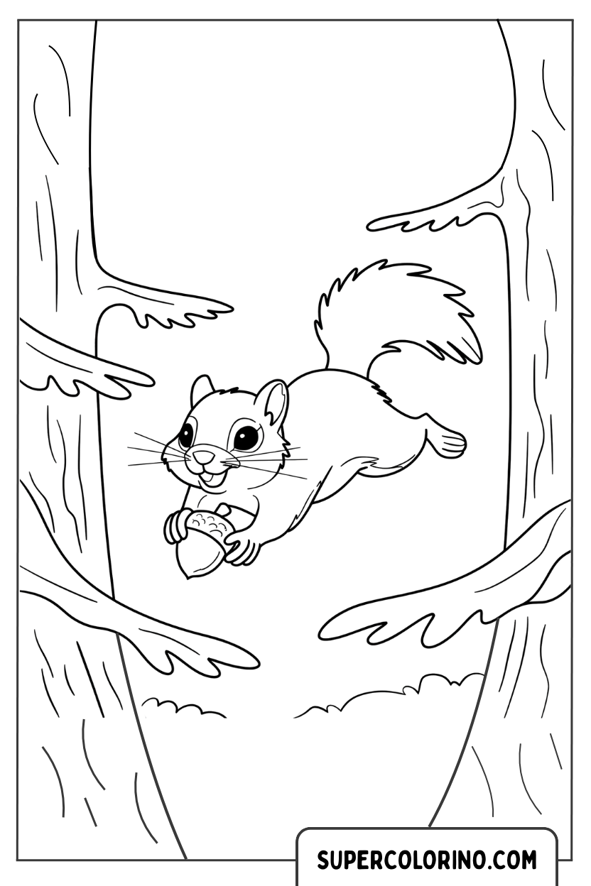 Coloriage d'un écureuil sautant parmi les arbres