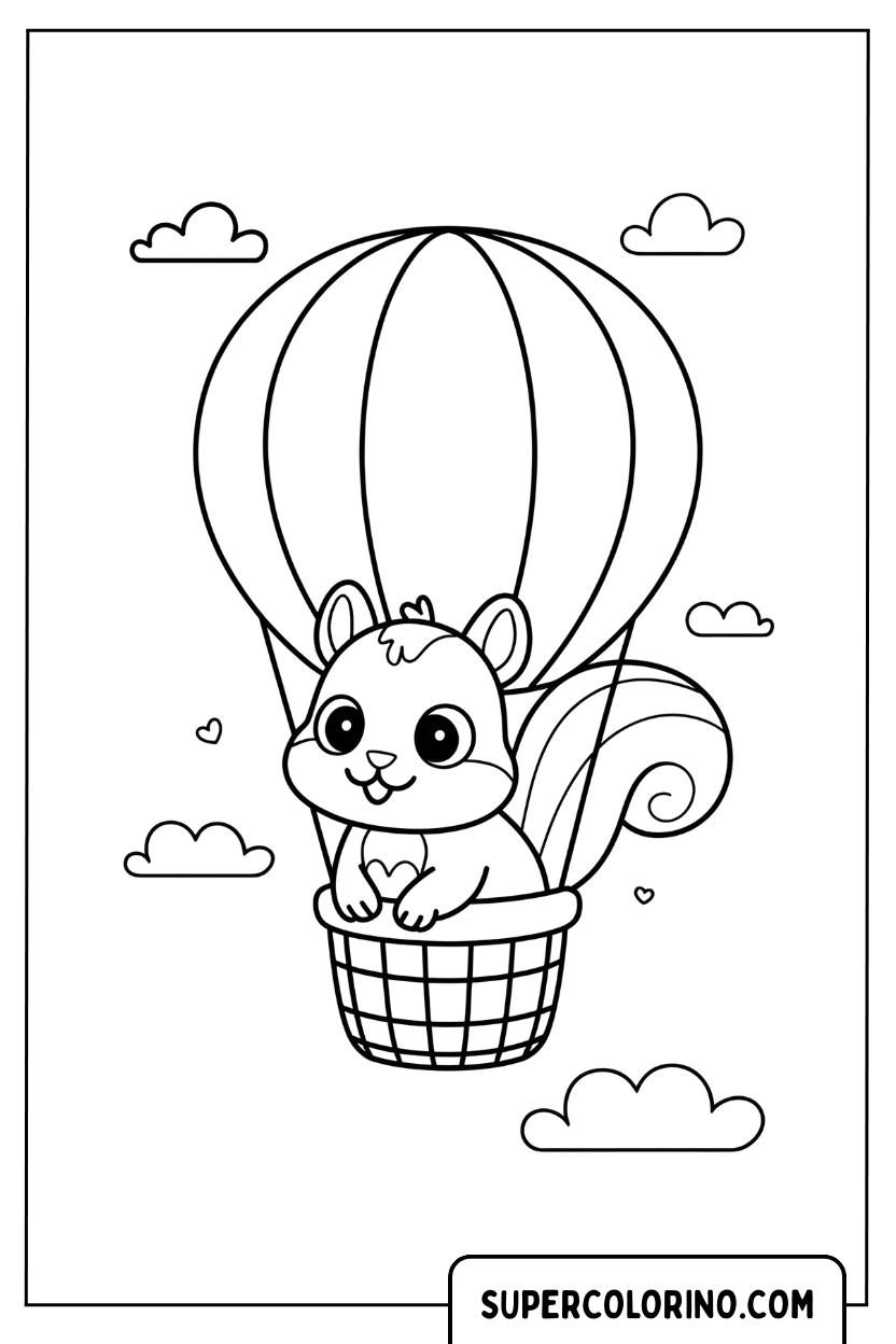 Coloriage d'un écureuil dans une montgolfière
