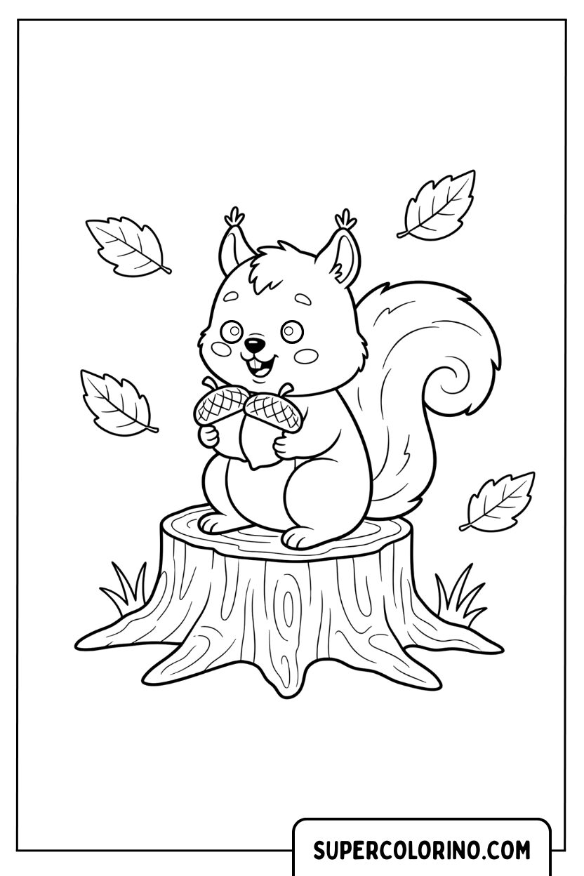 Coloriage d'un écureuil sur une souche