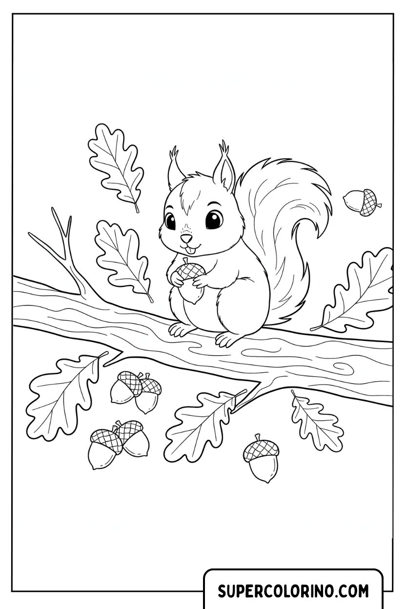 Coloriage d'un écureuil sur une branche de chêne