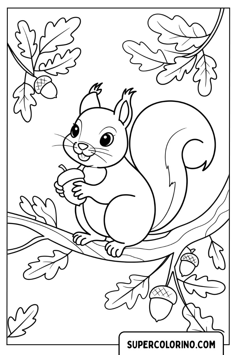 Coloriage d'un écureuil sur le chêne royal
