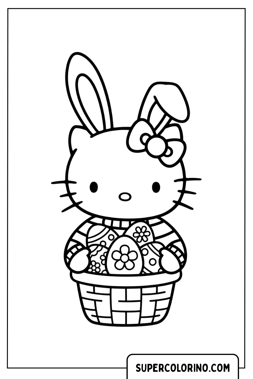 Hello Kitty avec un panier d'oeufs de Pâques à colorier