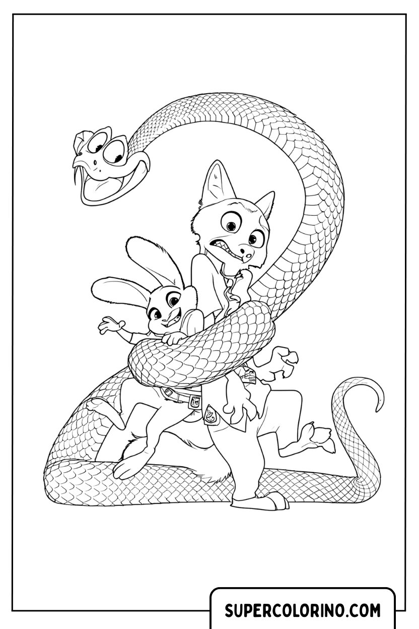 Coloriage Judy Hopps et Nick Wilde contre le serpent