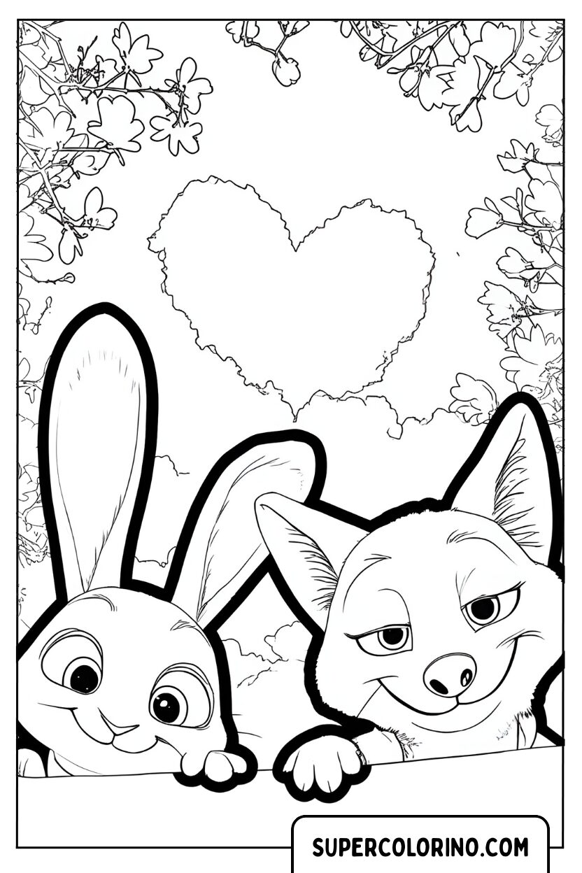 Coloriage de Cadre de fleur en forme de coeur de Judy Hopps et Nick Wilde