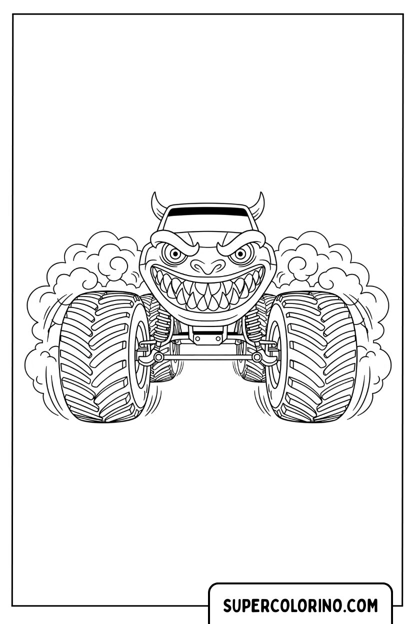 Monster Truck Arrabbiato Vista Frontale Pagina da Colorare