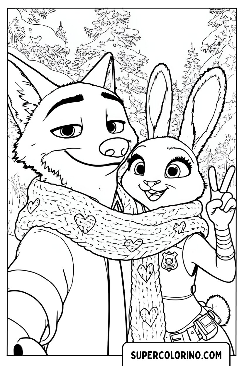 Coloriage Nick Wilde met un foulard sur Judy Hopps