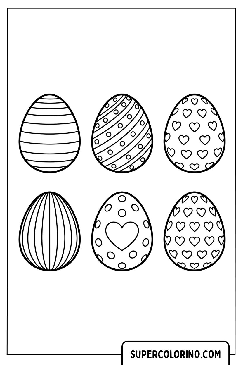 Six œufs de Pâques avec différents motifs à colorier