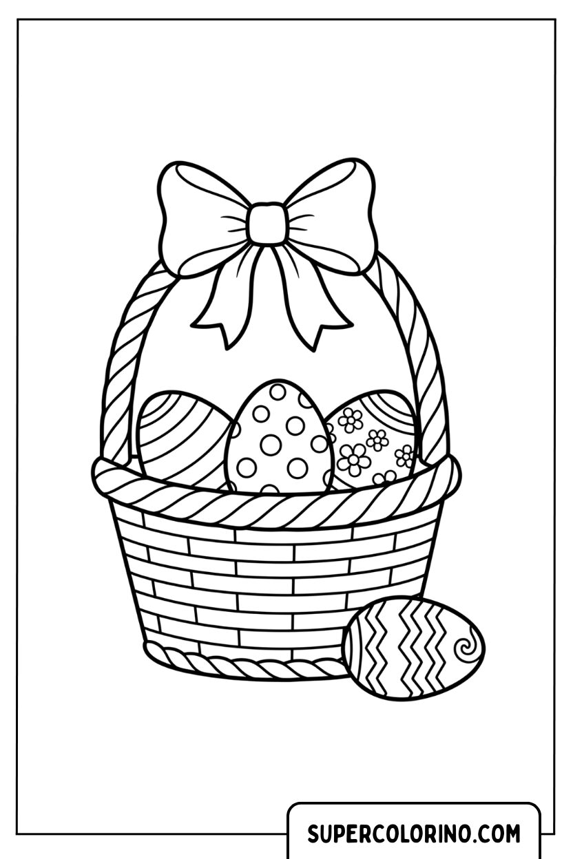 Un panier de Pâques avec un noeud et des œufs à colorier