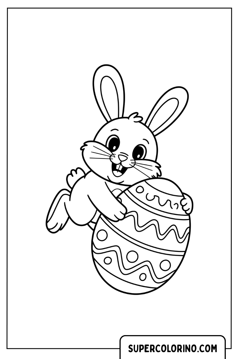 Un lapin souriant serrant dans ses bras un œuf à colorier