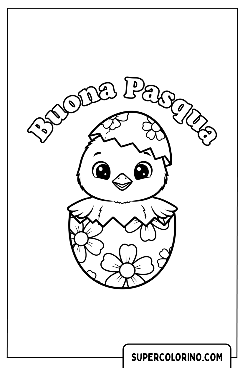 Un poussin dans l'œuf avec les mots Joyeuses Pâques et un coloriage