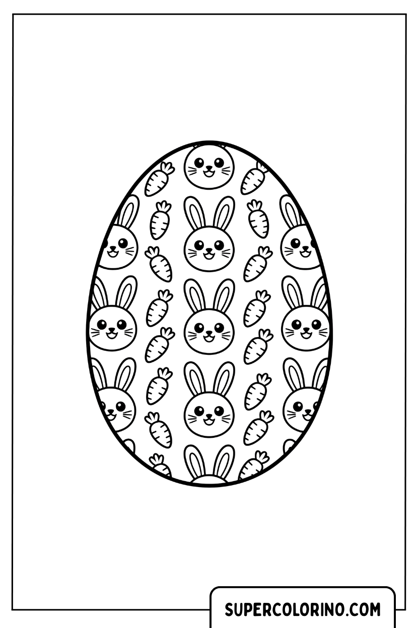 Un œuf de Pâques avec un dessin de lapins et de carottes à colorier