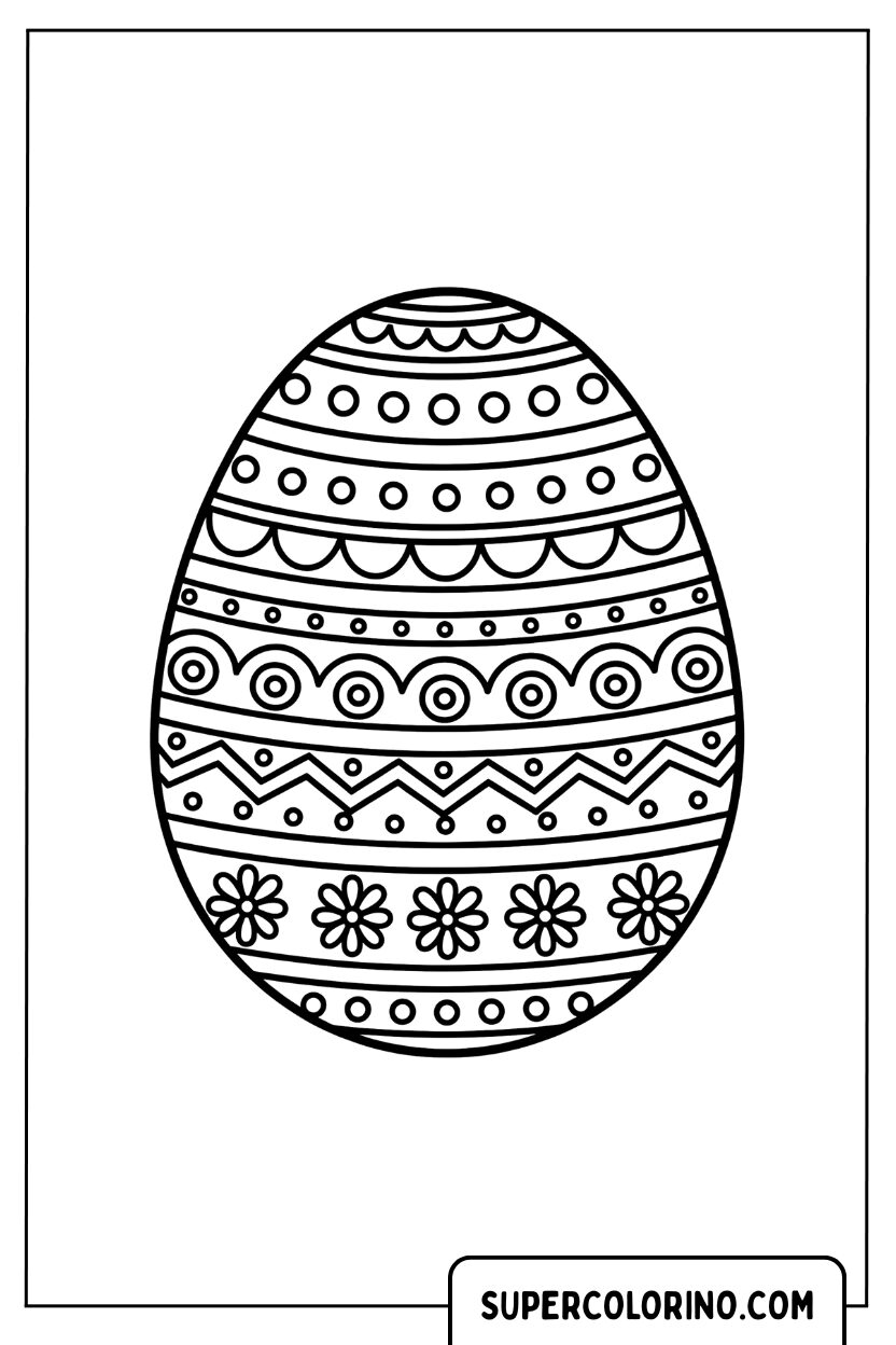 Un œuf de Pâques au design traditionnel et des fleurs à colorier