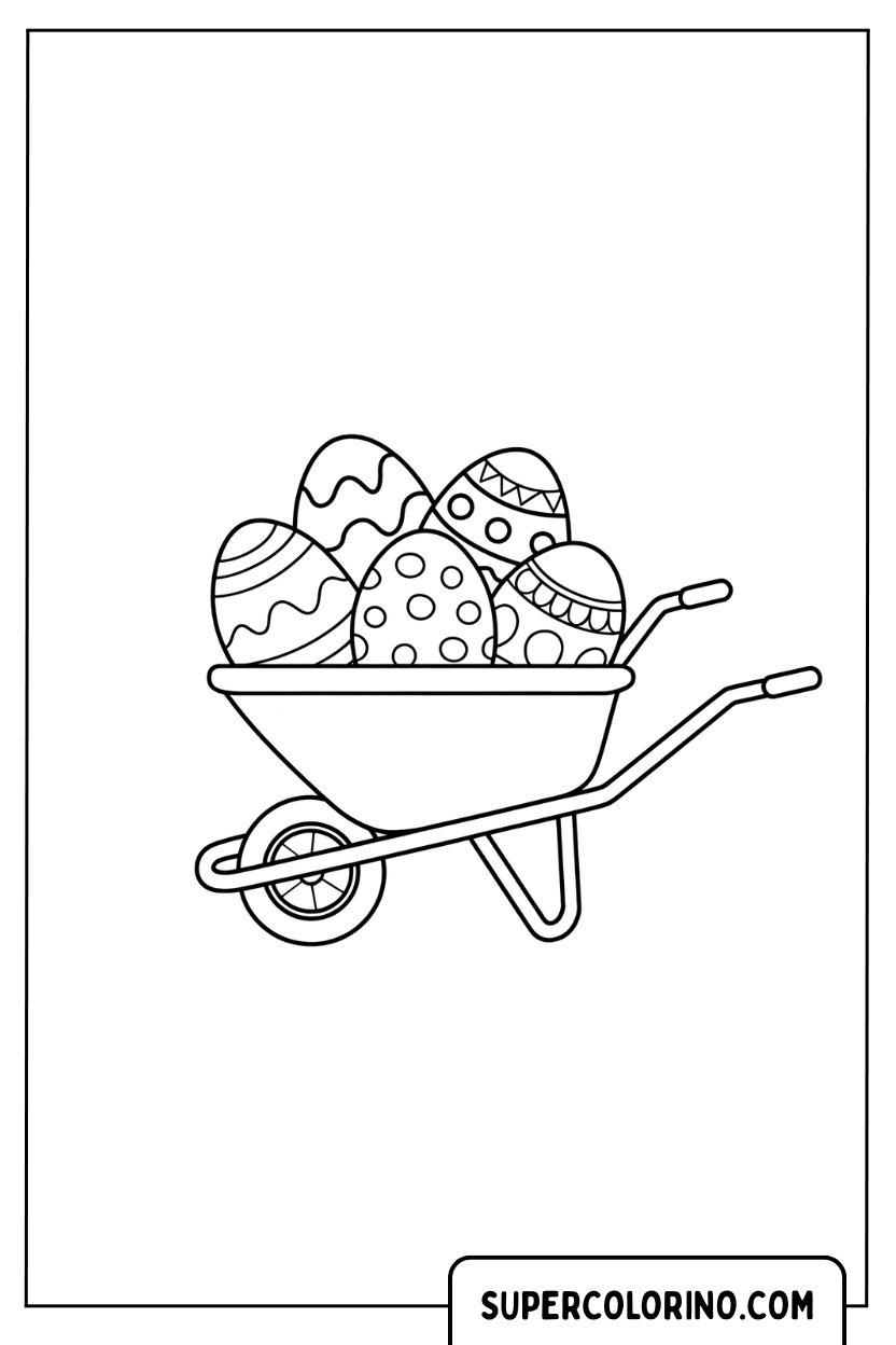 Une brouette pleine d'œufs de Pâques avec différents motifs à colorier