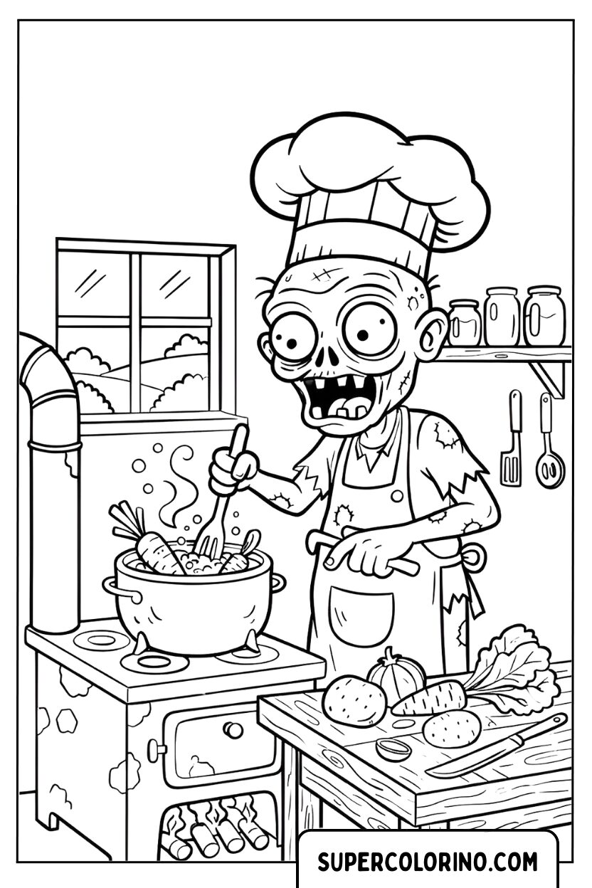 Ausmalbild: Zombie-Koch, der Minestrone kocht
