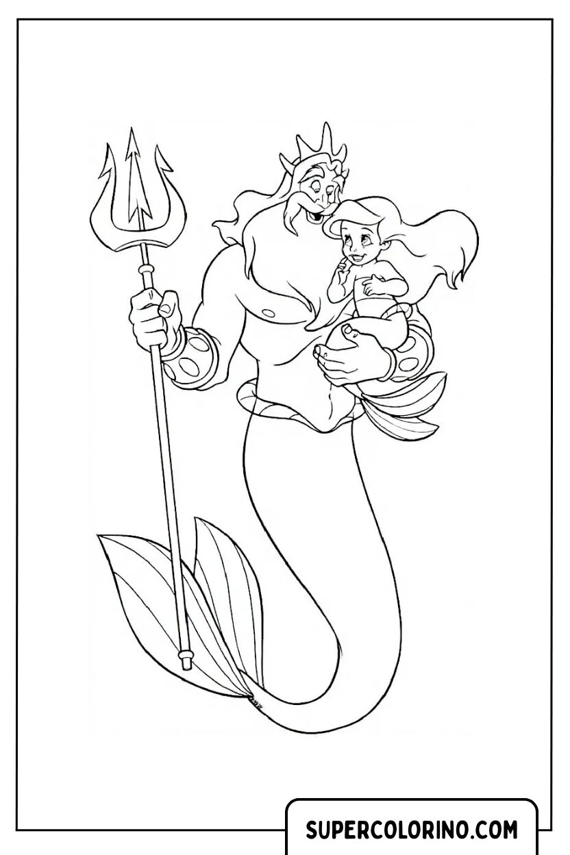 Malvorlagen von König Triton, der Ariel hält