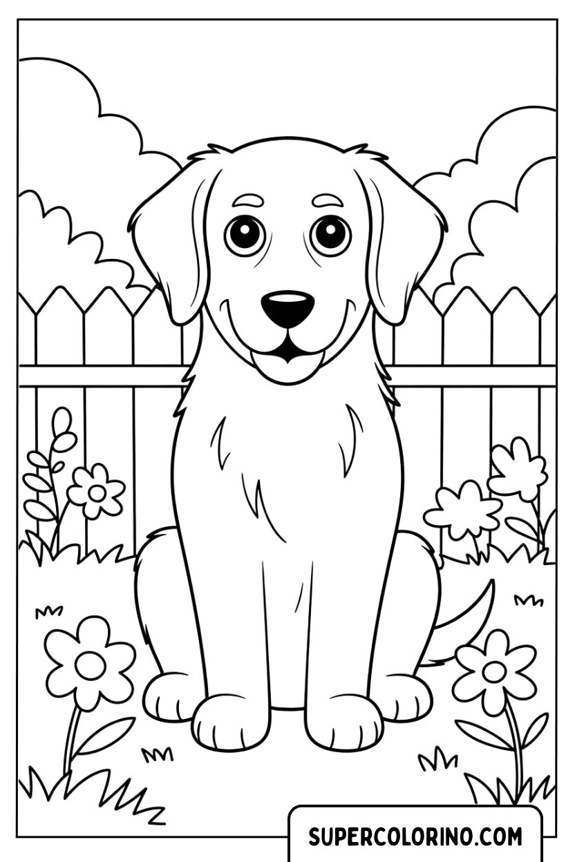 Malvorlagen eines Golden Retriever-Welpen im Garten