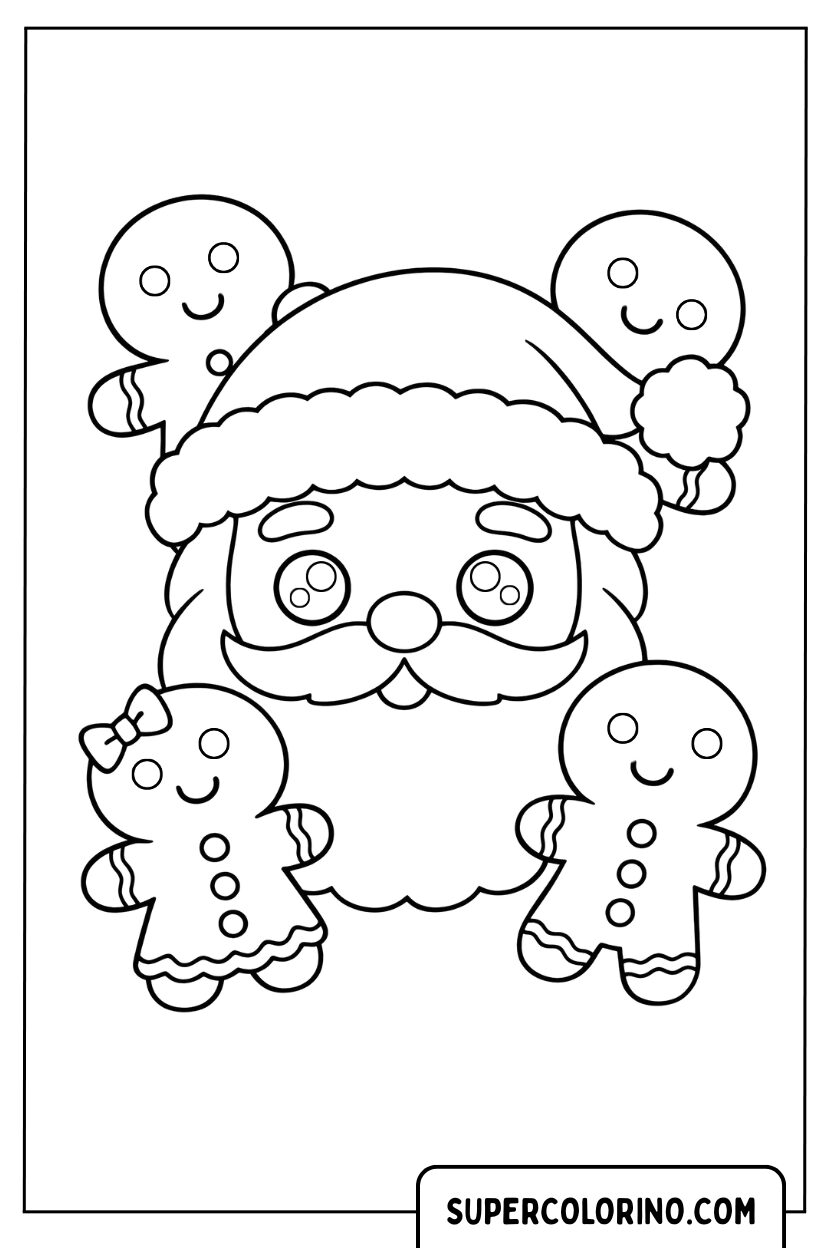 Malvorlage des Weihnachtsmanns, umgeben von Lebkuchenmännern