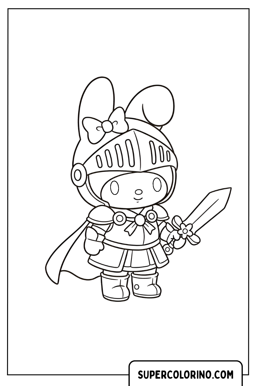 Coloriage de My Melody Knight avec armure et épée