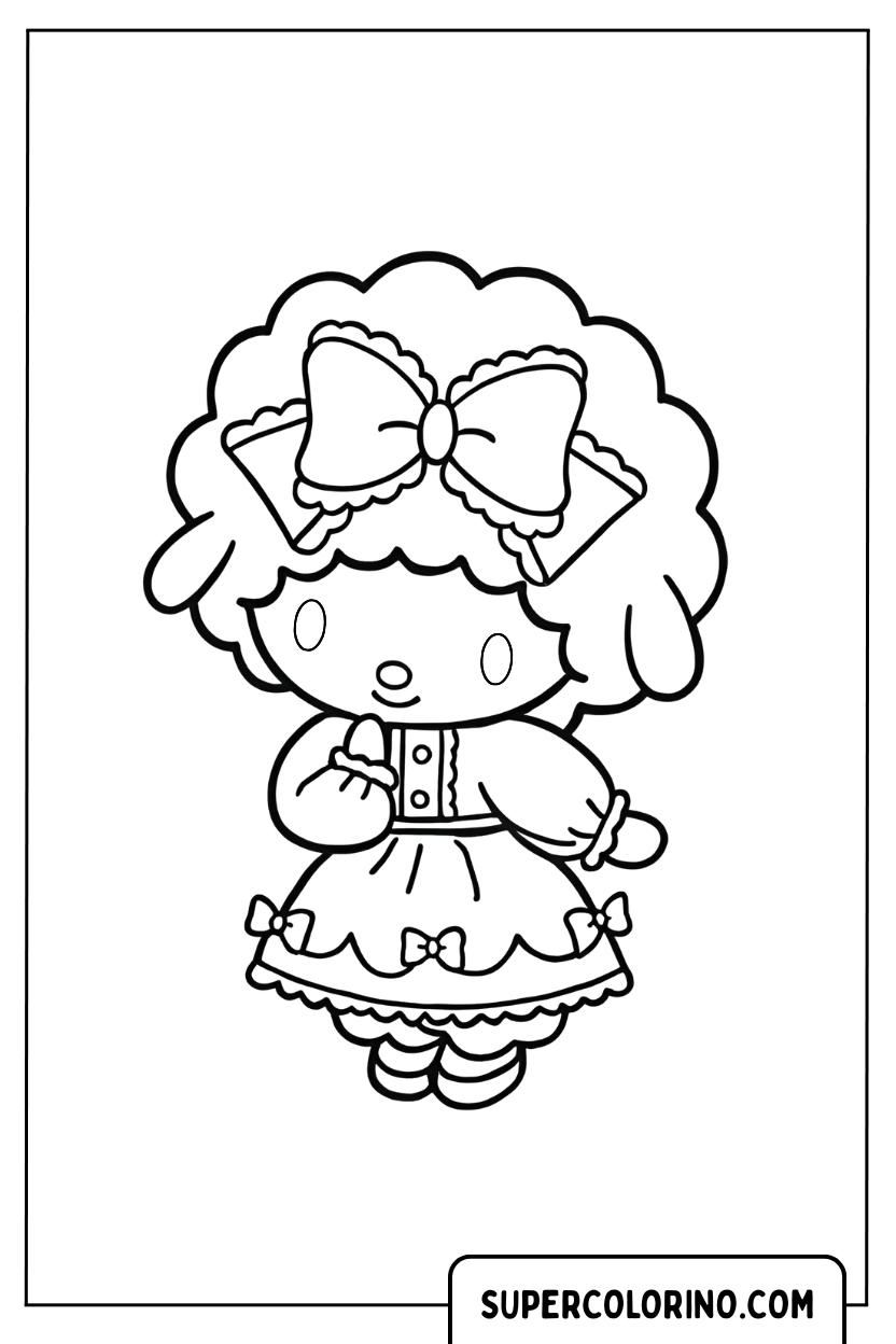 Coloriage de My Melody avec cheveux bouclés et robe à froufrous