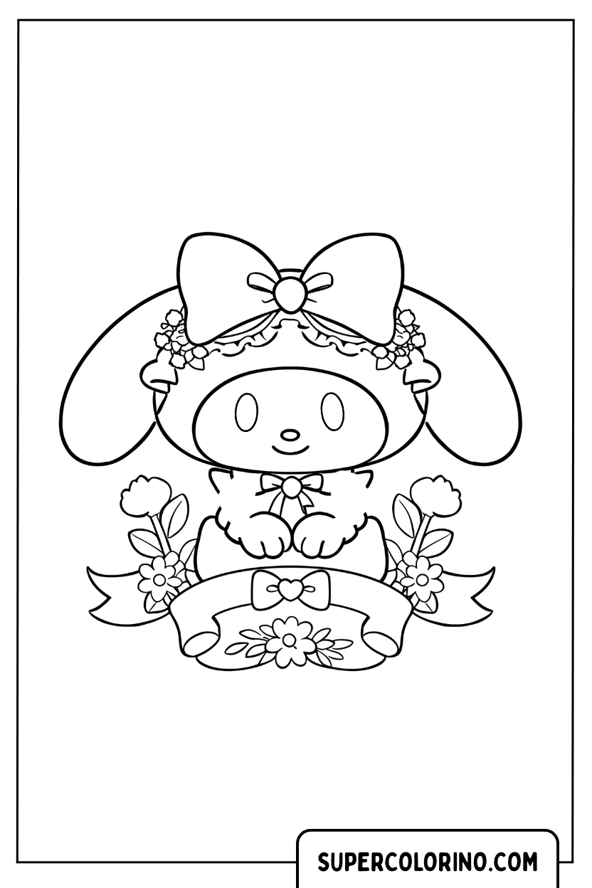 Design de My Melody avec guirlande de fleurs et ruban à colorier