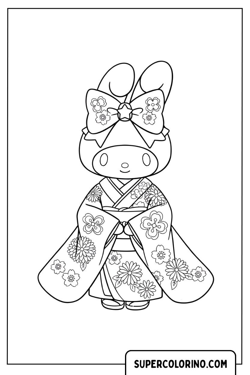 Designo di My Melody in kimono tradizionale da colorare