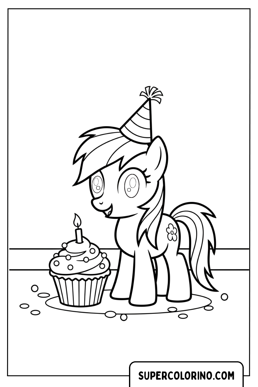 Coloriage de Rainbow Dash avec un cupcake d'anniversaire