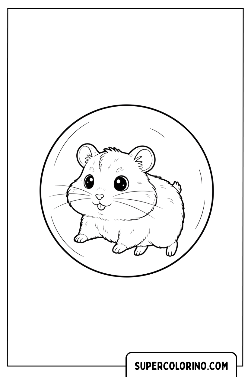 Zeichnung eines Hamsters in einem Plastikball zum Ausmalen