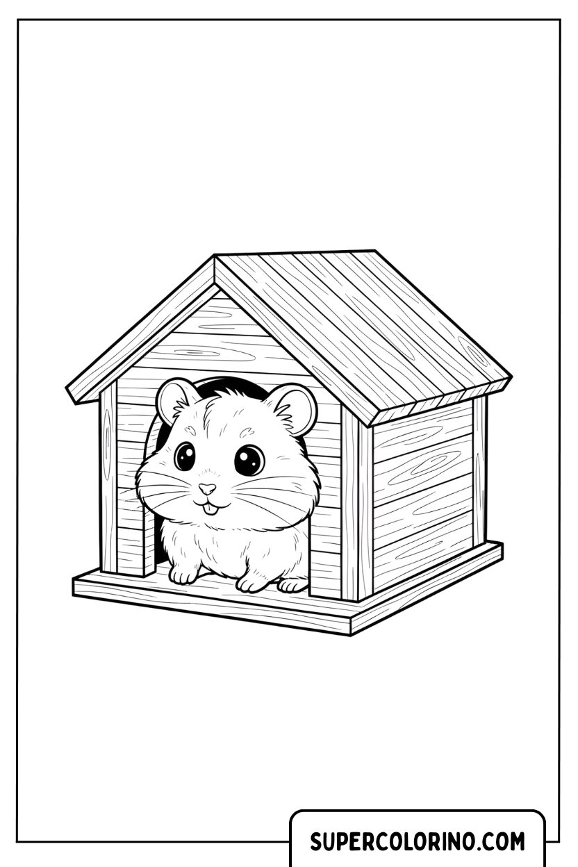 Malvorlage eines Hamsters in seinem Holzhaus