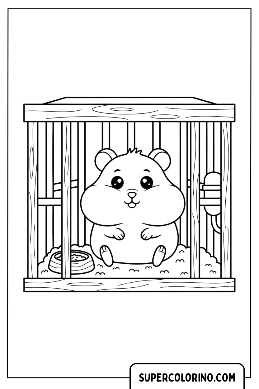 Malvorlage eines Hamsters in seinem Käfig