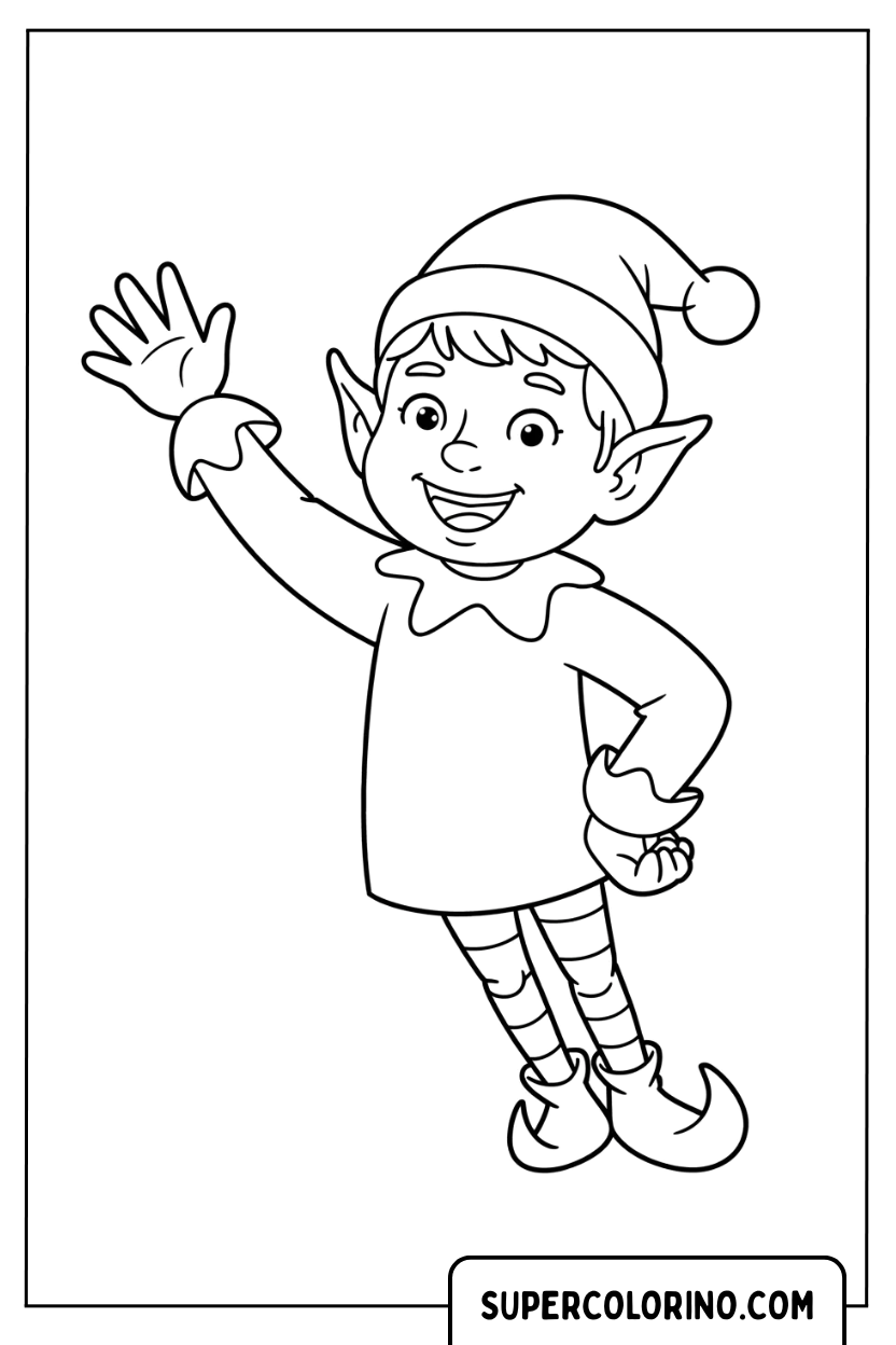 Malvorlage eines fröhlich winkenden Elfs
