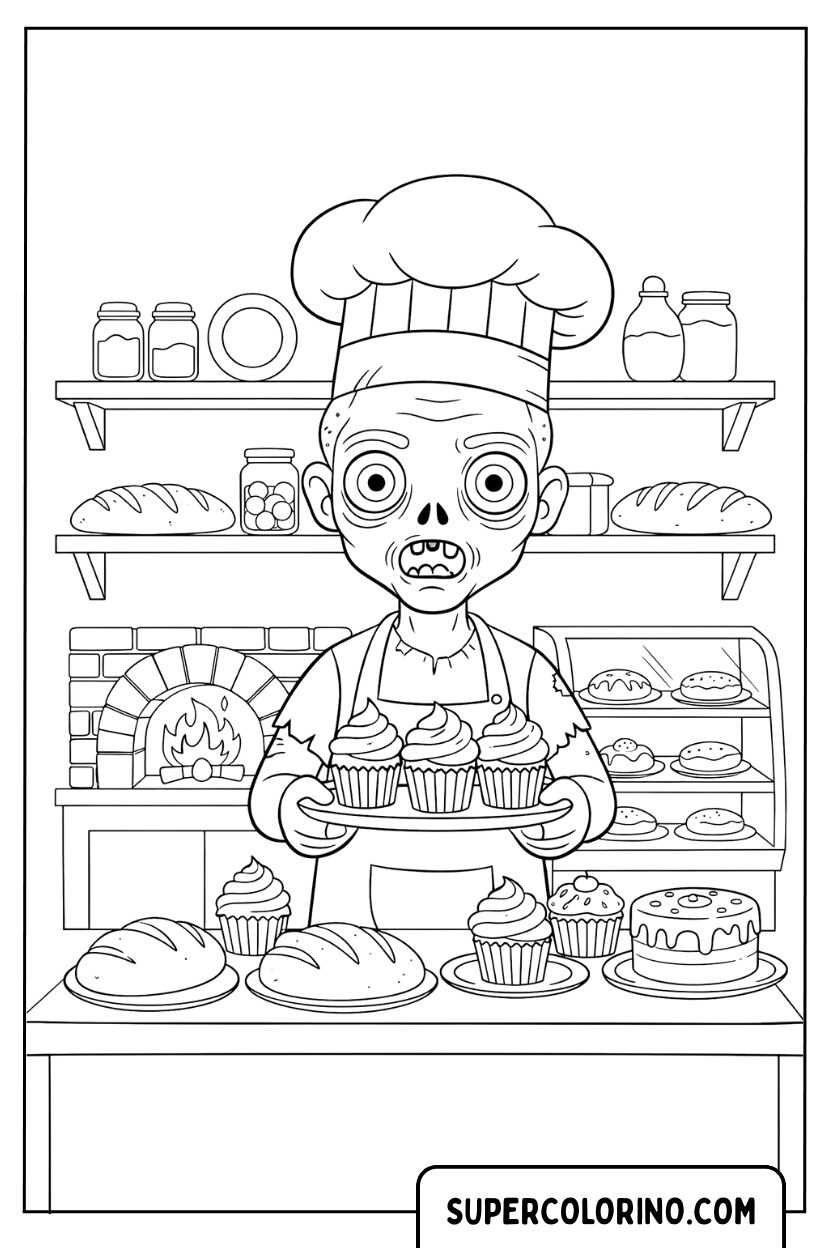 Malvorlage eines Zombie-Bäckers mit Cupcakes