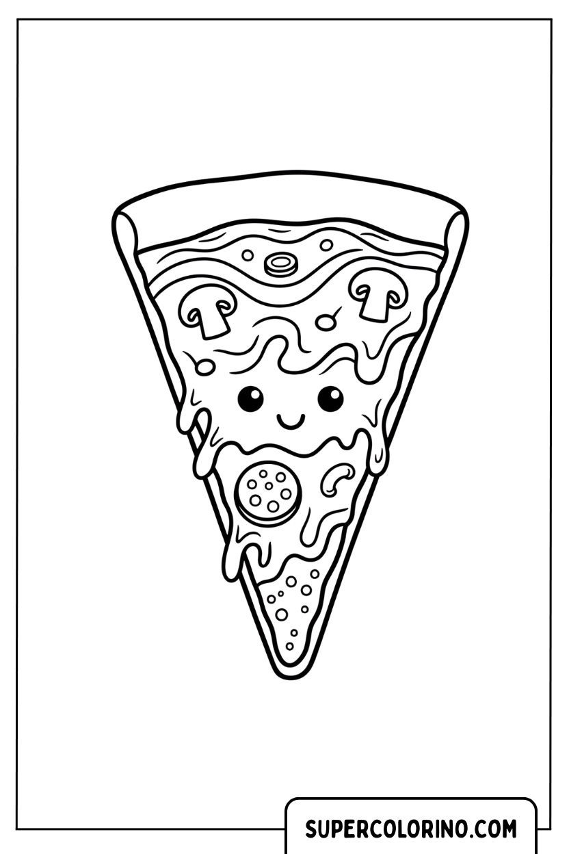Kleurplaat van een lachend stuk pizza