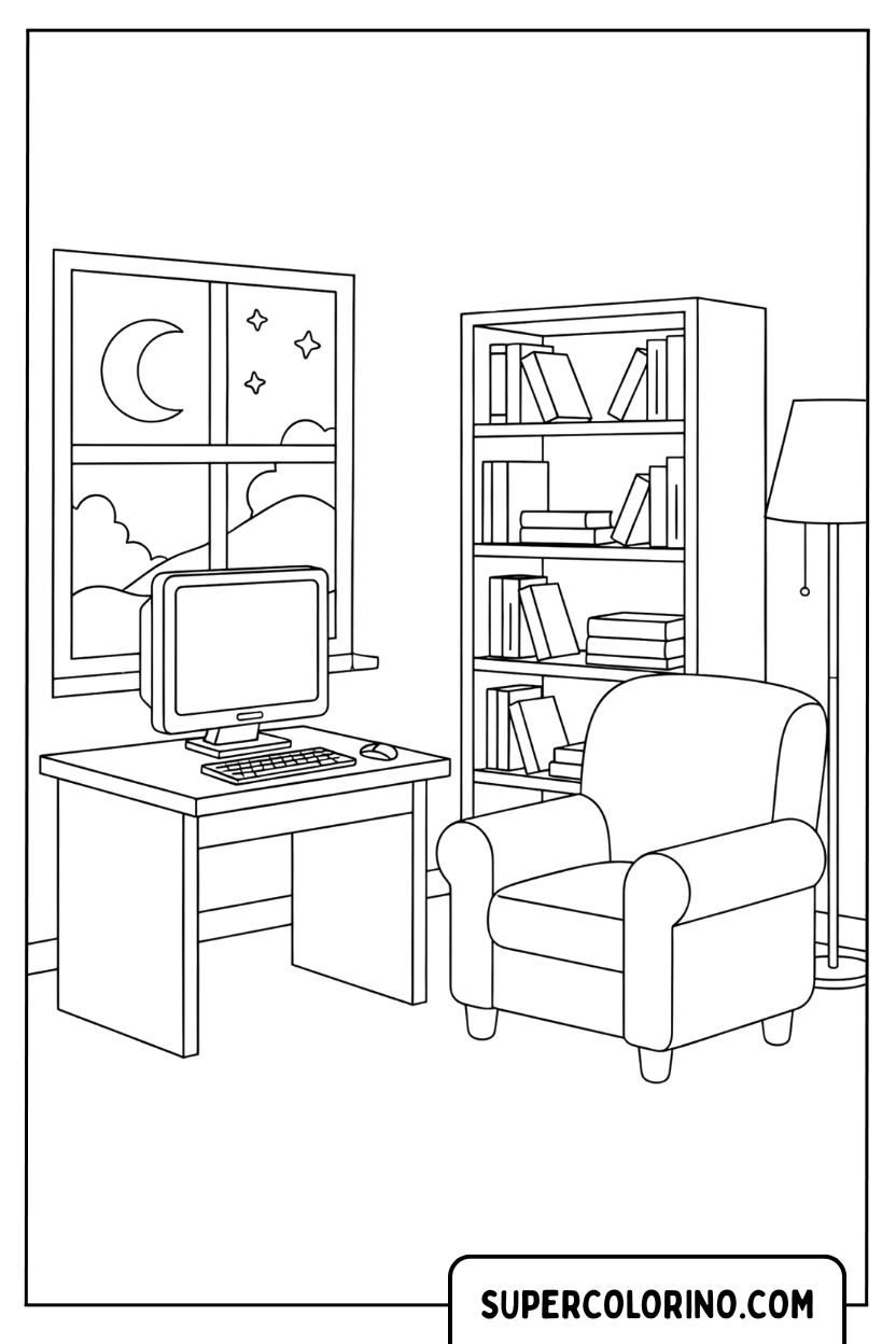 Conception d'un studio cosy la nuit à colorier