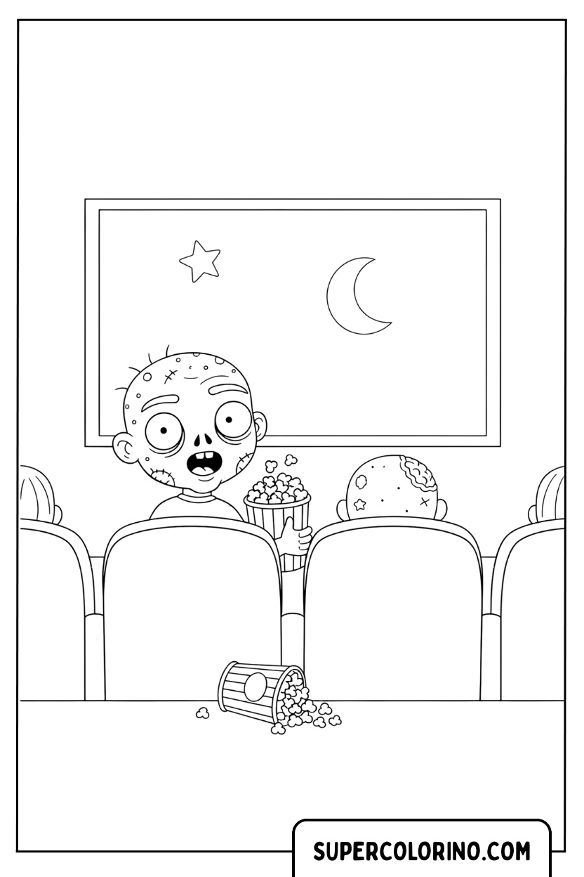 Malvorlage eines Zombies im Kino mit Popcorn