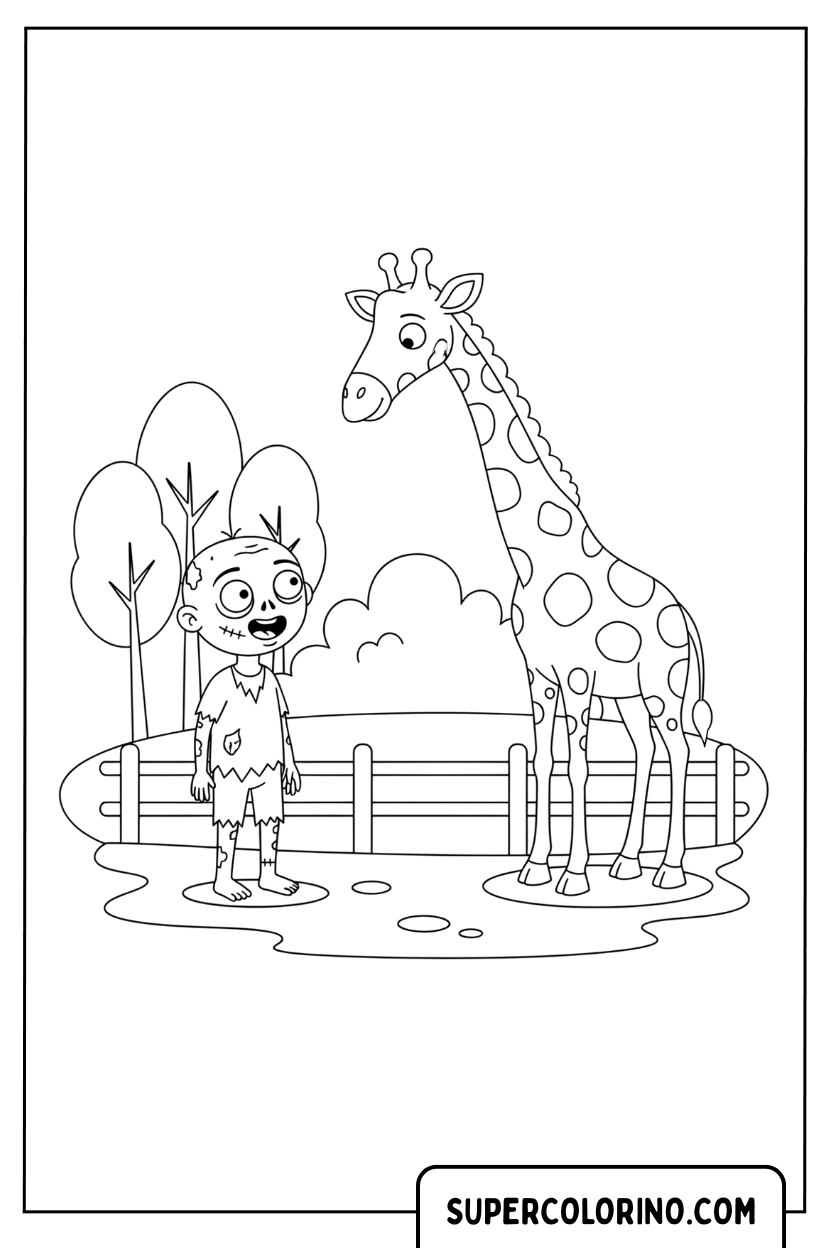 Malvorlage eines Zombies im Zoo mit einer Giraffe