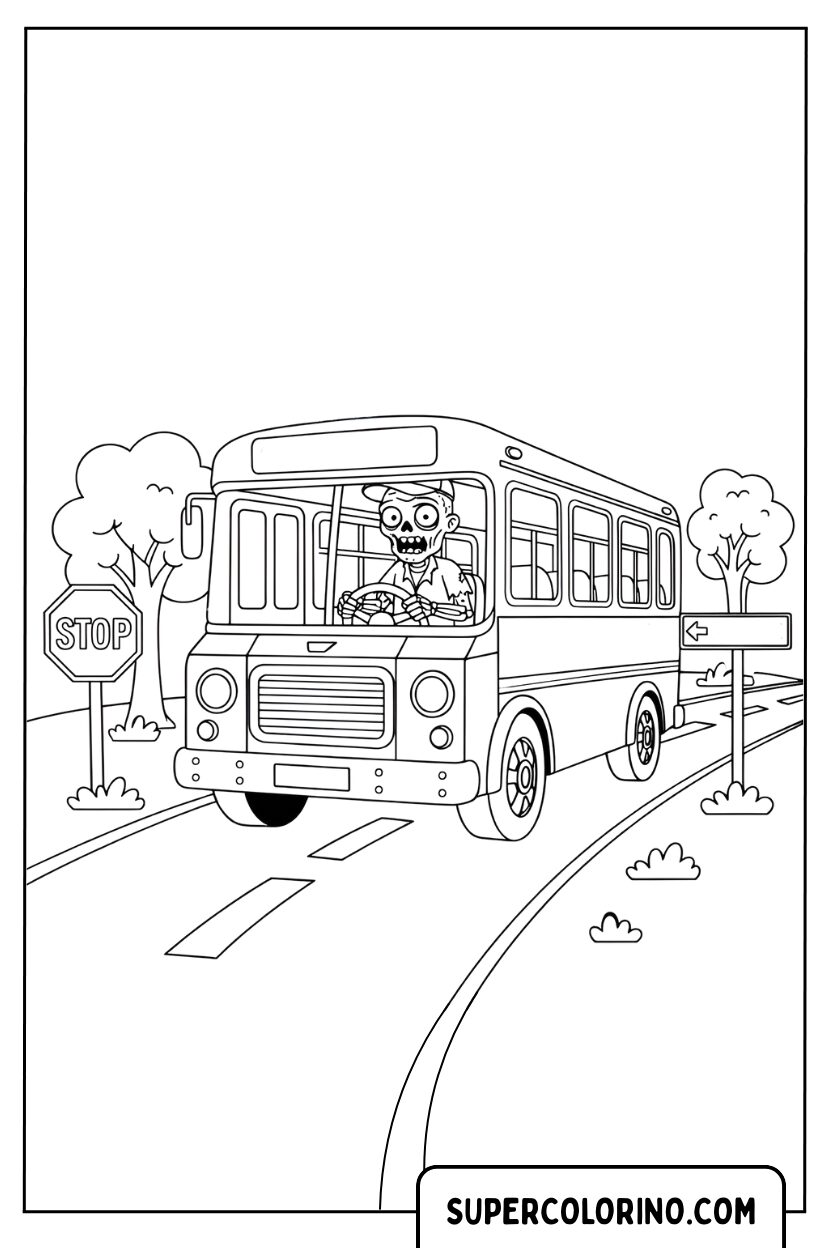 Malvorlage eines Zombies, der einen Schulbus fährt
