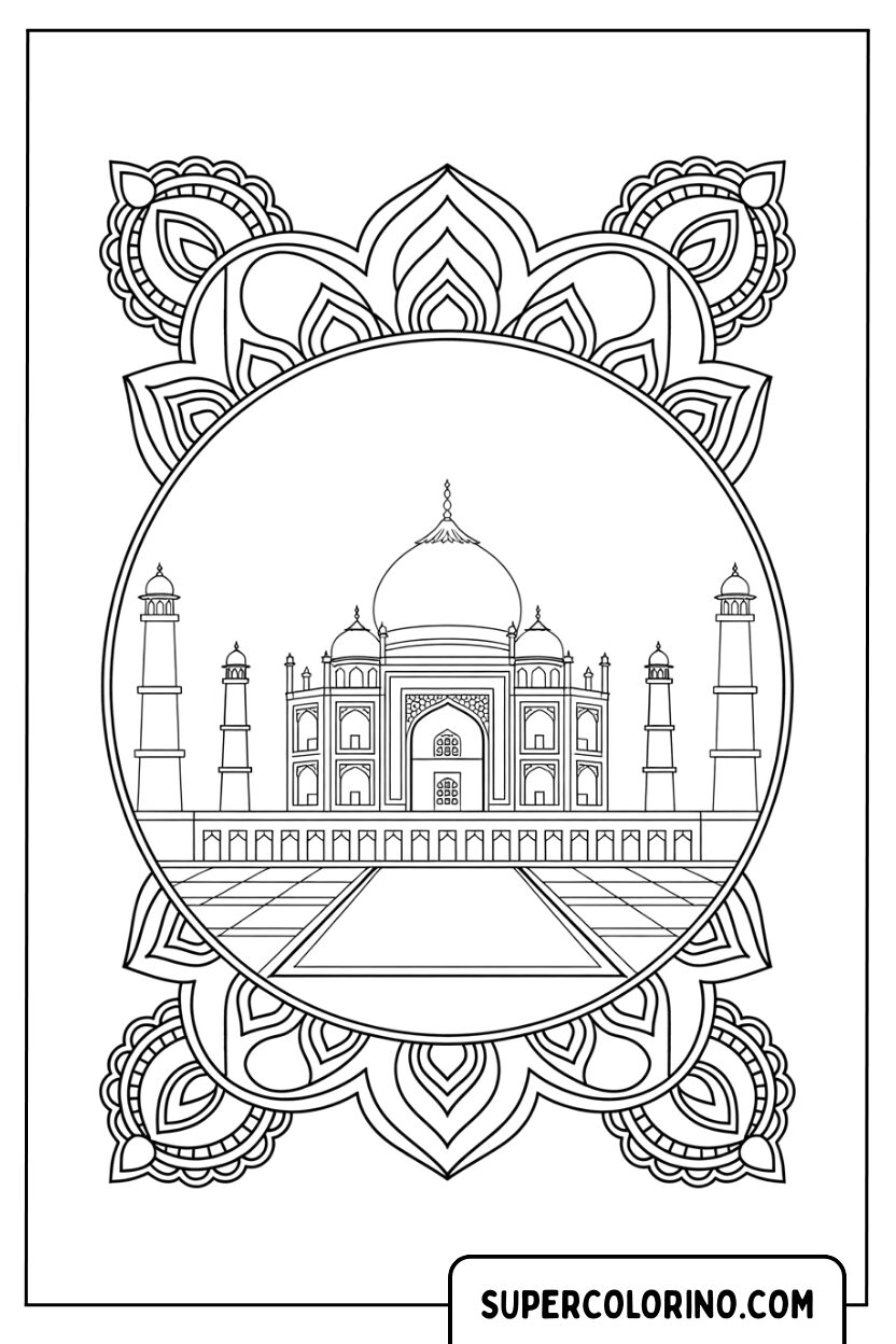 Kleurplaat van de Taj Mahal in een lijst