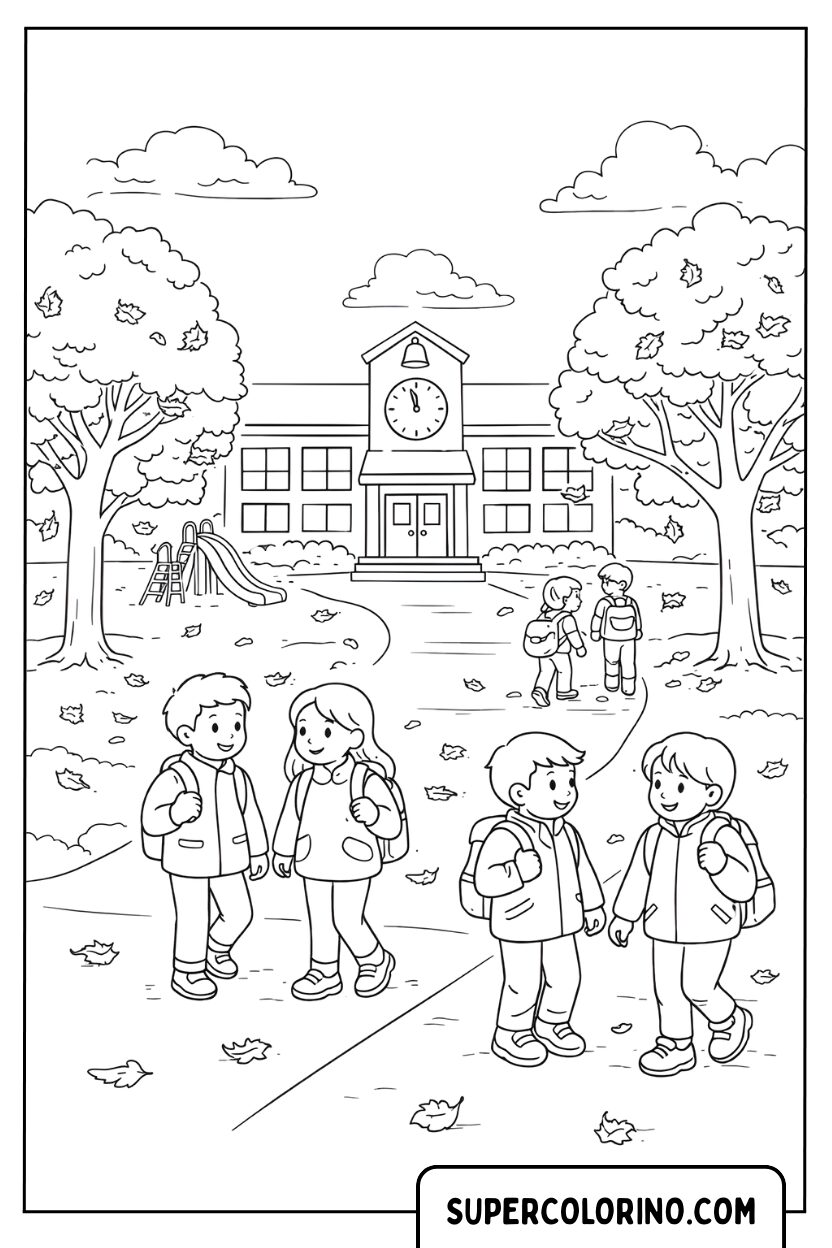 Dessin de cour d'école avec des enfants à colorier