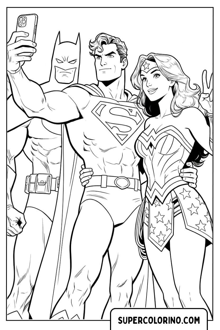 Coloriage - Selfie de Batman, Superman et Wonder Woman
