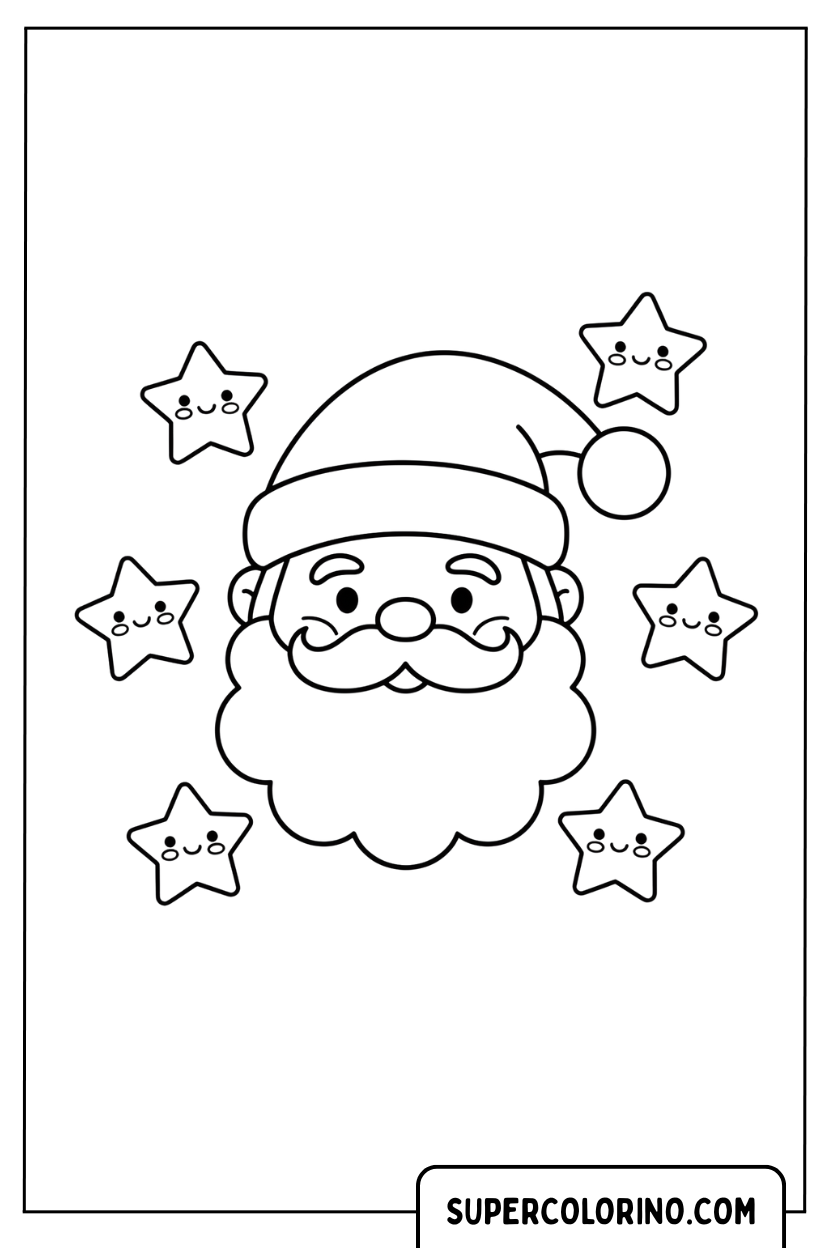 Malvorlage mit dem Gesicht des Weihnachtsmanns zwischen den Sternen
