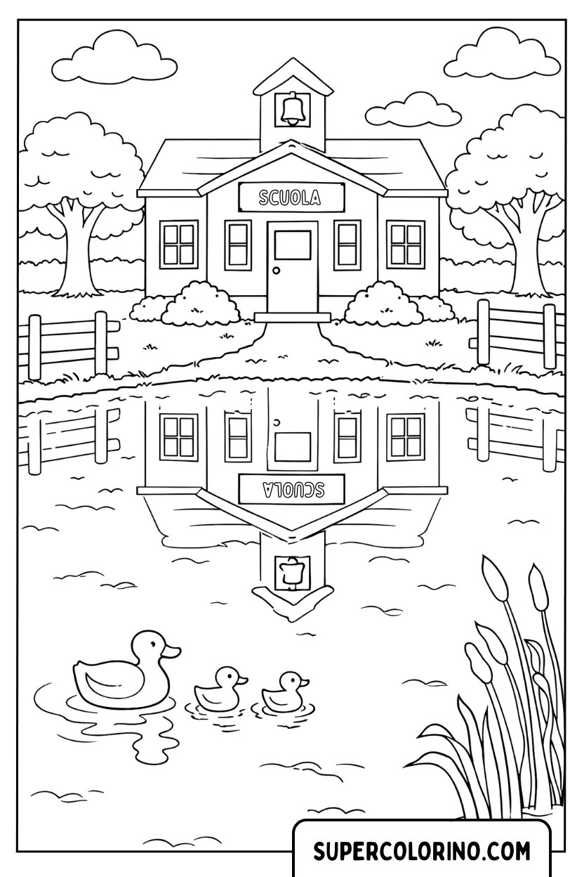 Coloriage de l'école réfléchie sur l'étang