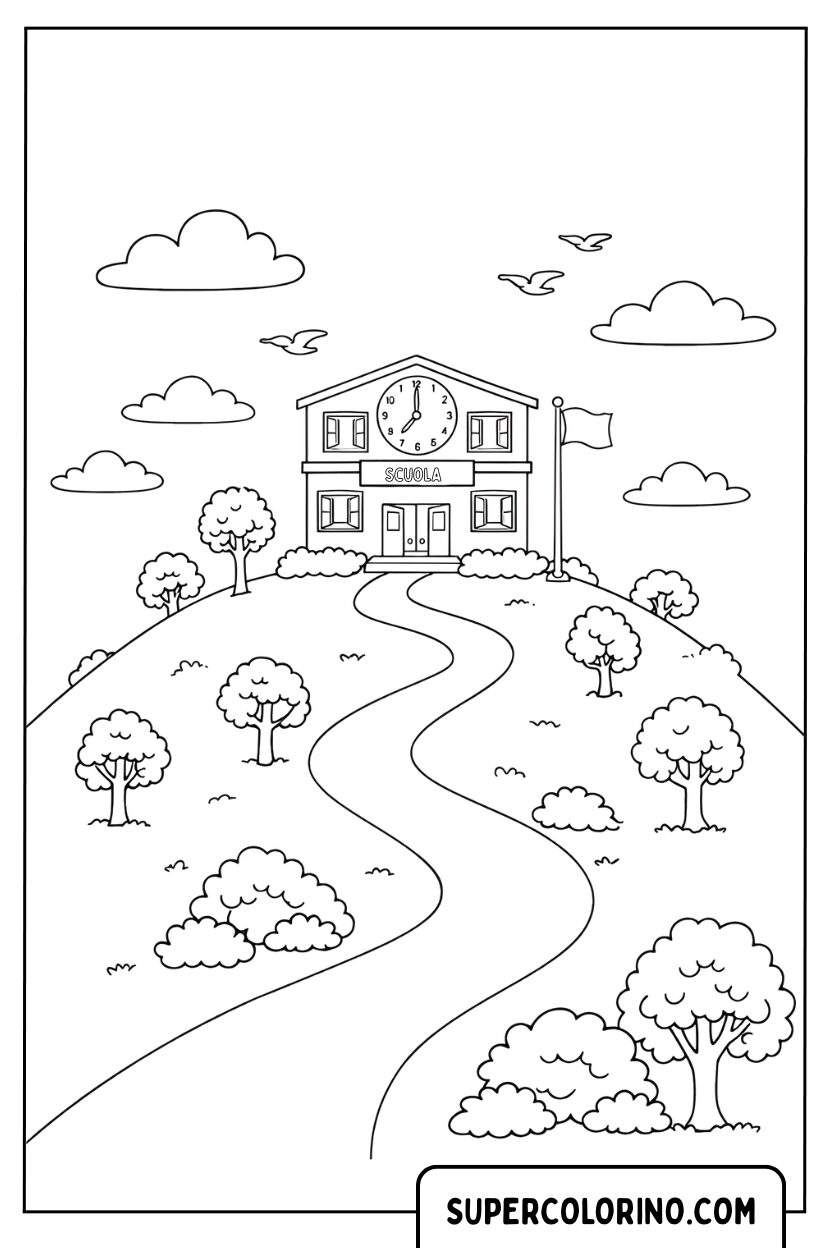 Coloriage de l'école sur la colline avec un chemin sinueux