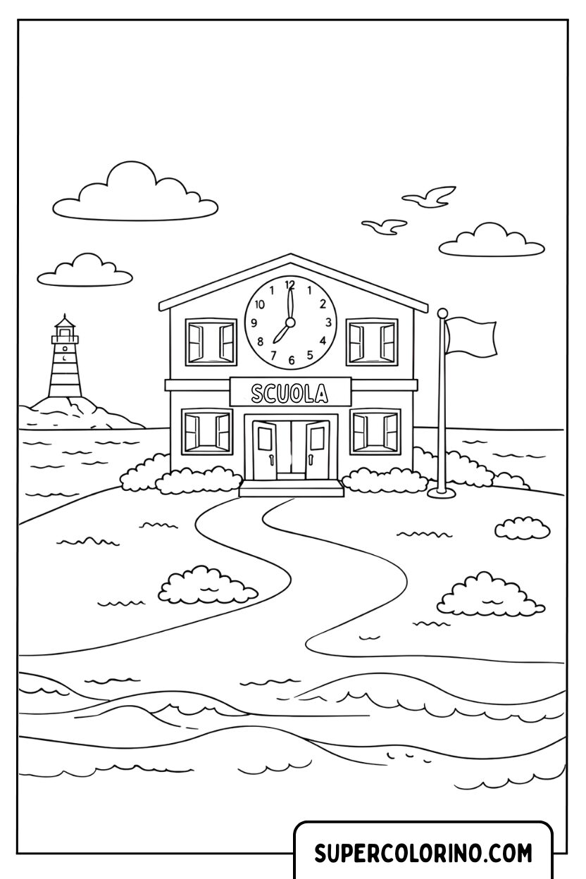 Coloriage de l'école près de la mer avec phare