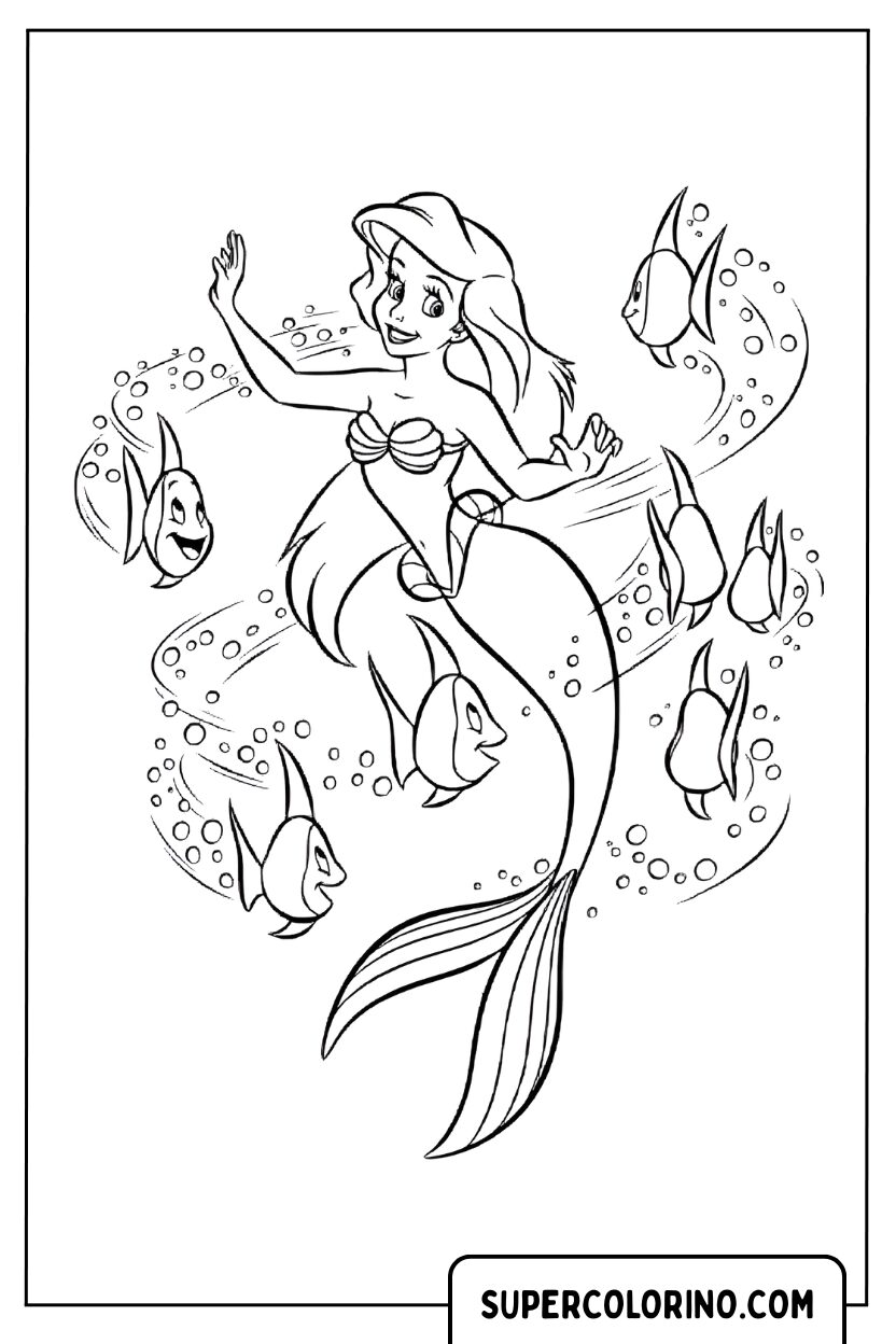 Ariel schwimmt mit Fischen zum Ausmalen