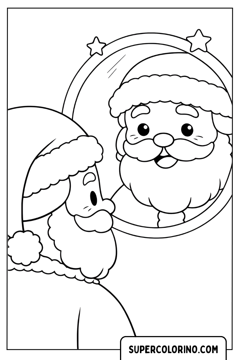 Malvorlage des Weihnachtsmanns, der in den Spiegel schaut