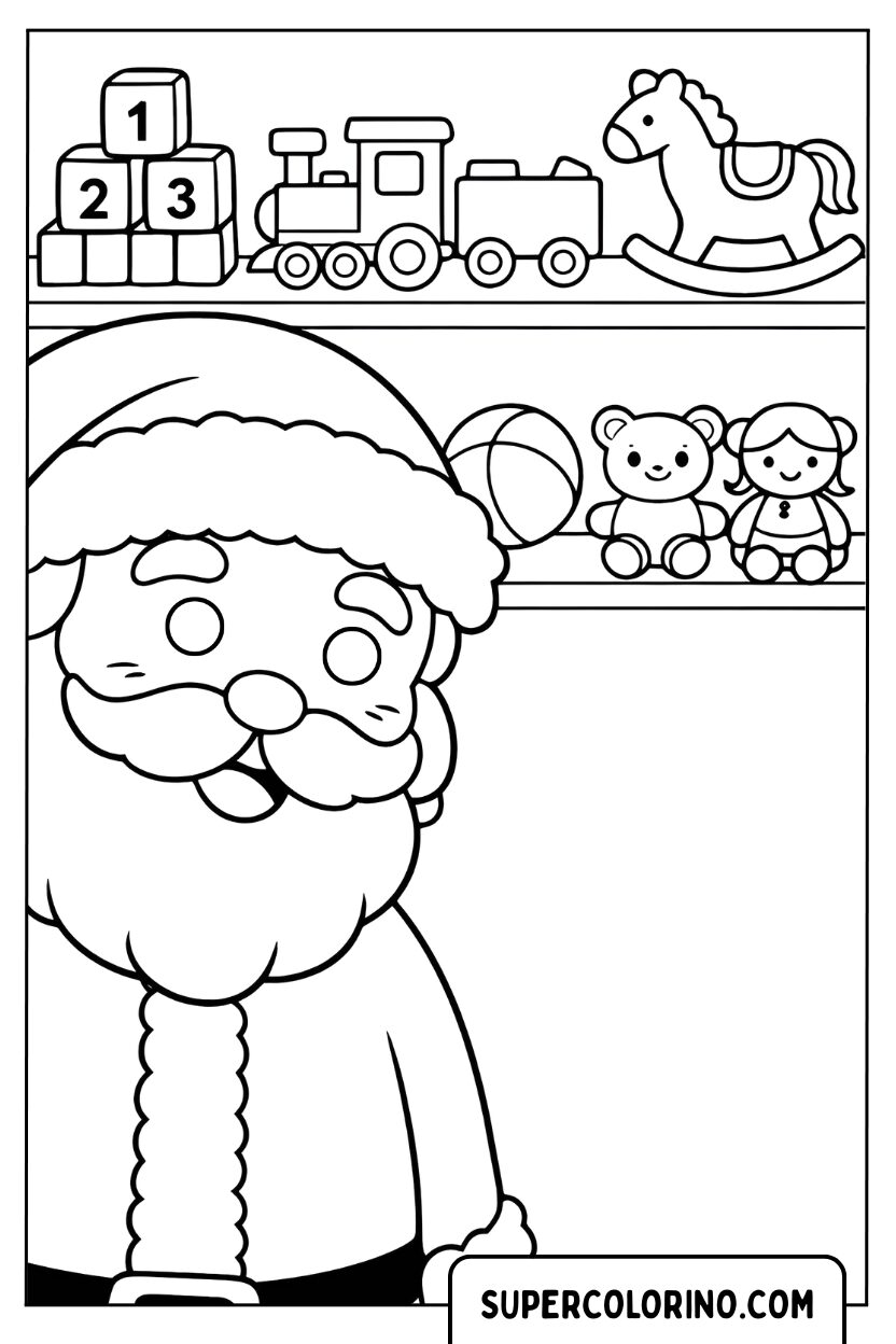 Malvorlage Weihnachtsmann im Spielzeugzimmer