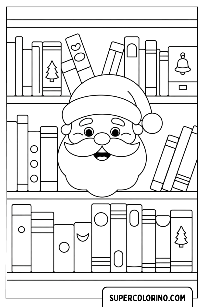 Malvorlage des Weihnachtsmanns unter den Büchern in der Bibliothek