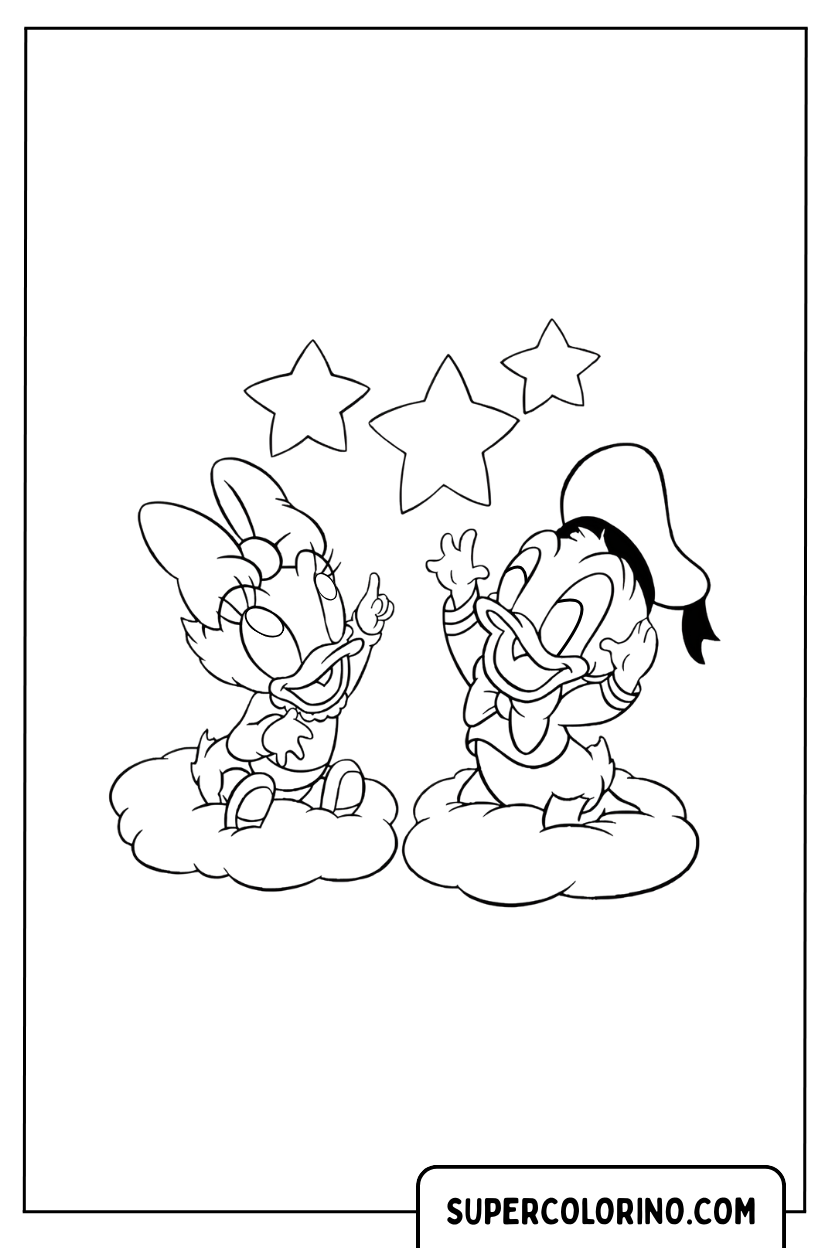 Disegno di Baby Paperino e Baby Paperina sulle nuvole da colorare